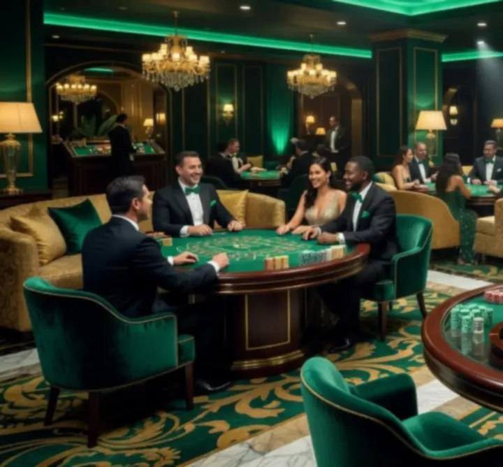 Elegantno osvijetljeni casino s igraćim stolovima i lounge prostorom u Casine Luxe resortu