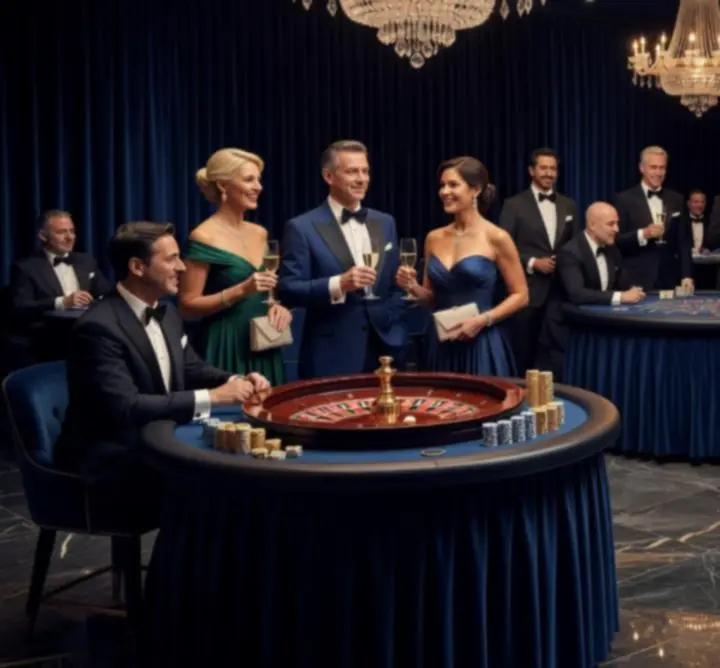 Elegantna casino dvorana s osvijetljenim stolovima i profinjenom atmosferom.