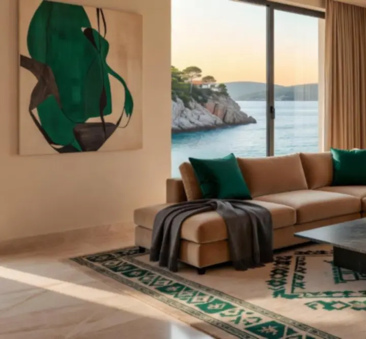 Ekskluzivni suite u Casine Luxe resortu s elegantnim dnevnim boravkom i pogledom na more.