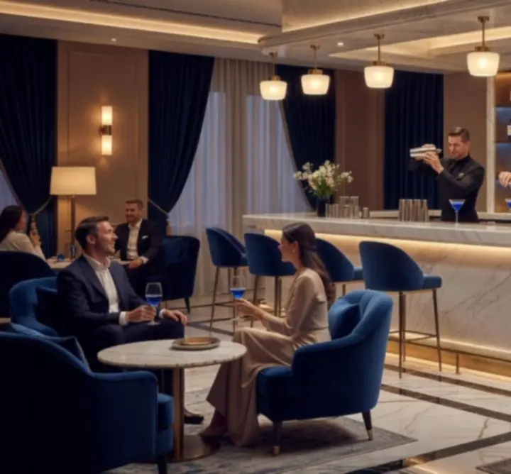 Elegantni lounge bar u Casine Luxe kasinu s koktelima i pogledom na kasino dvoranu.