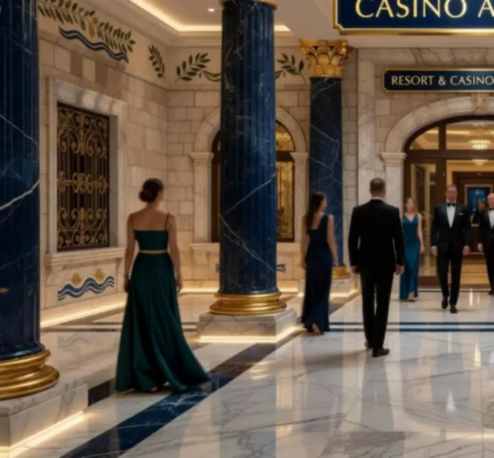 Luksuzni ulaz u Casine Luxe kasino s profinjenim svjetlosnim efektima i elegantnim dizajnom.