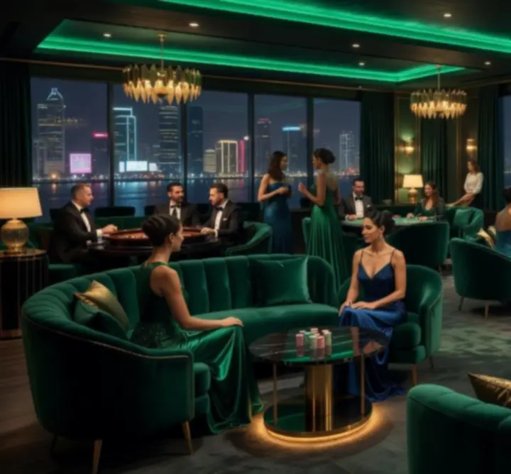 Vibrantna noćna atmosfera u Casine Luxe kasinu s dinamičnom publikom i svjetlosnim efektima.
