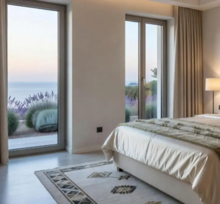 Moderno uređena soba u Casine Luxe resortu s luksuznim detaljima i toplim osvjetljenjem.