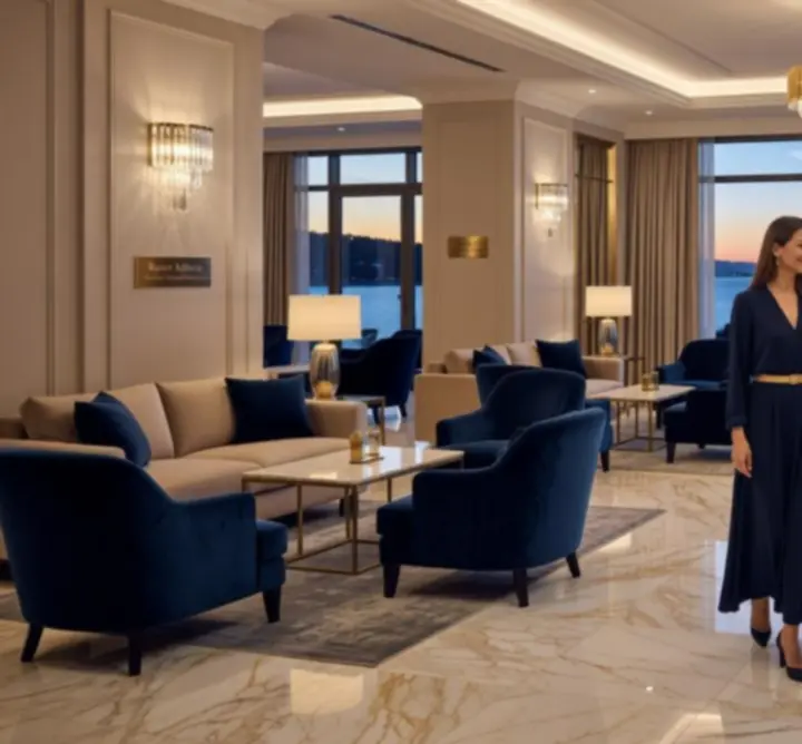 Noćni pogled na luksuzni resort Casine Luxe s toplim svjetlima i elegantnom terasom.