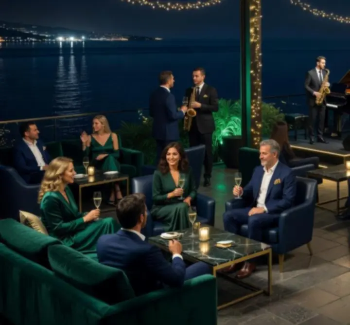 Panoramska terasa Casine Luxe resorta s noćnim pogledom i glazbenom atmosferom.