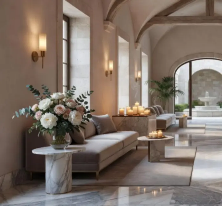 Luksuzni wellness lobby Casine Luxe resorta s ambijentalnim svjetlima i elegantnim sjedećim garniturama.