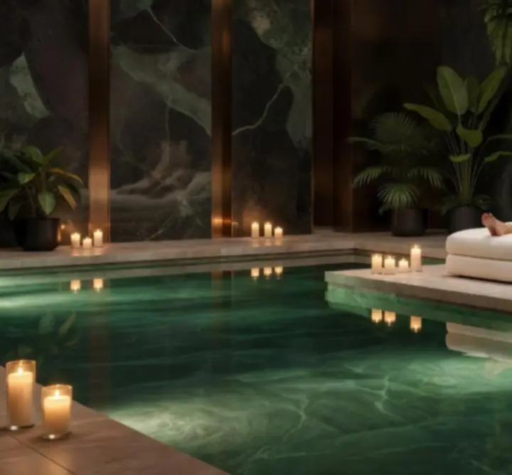 Mirna spa zona s toplim osvjetljenjem, ležaljkama i termalnim bazenom.